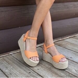 Antonio Melani Espadrille Platform Wedge Sandals 8M Orange Leather Ankle Strap